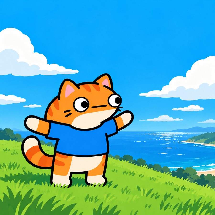 Correct Cat in a blue t-shirt opening his arms for a hug